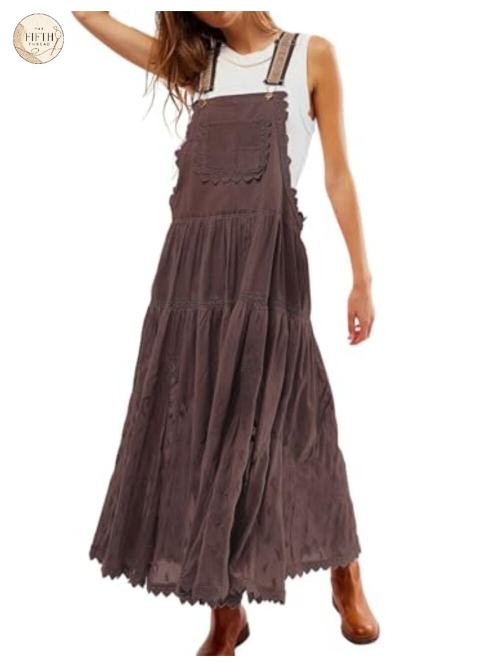 Lace Embroidered Maxi Dress Adjustable Strap Pleated Tiered Swing Pockets